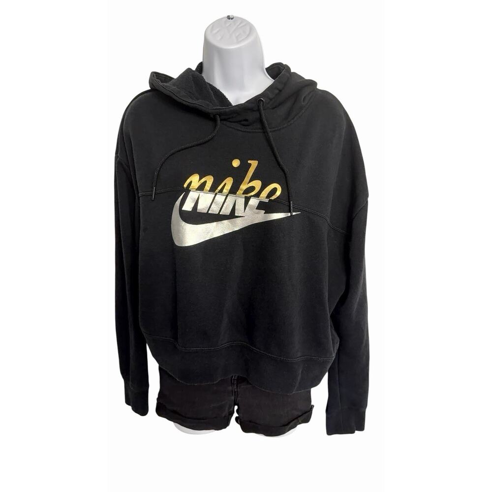 Nike Black & Gold Metallic Swoosh Cropped Hoodie women Size large - Picture 2 of 7